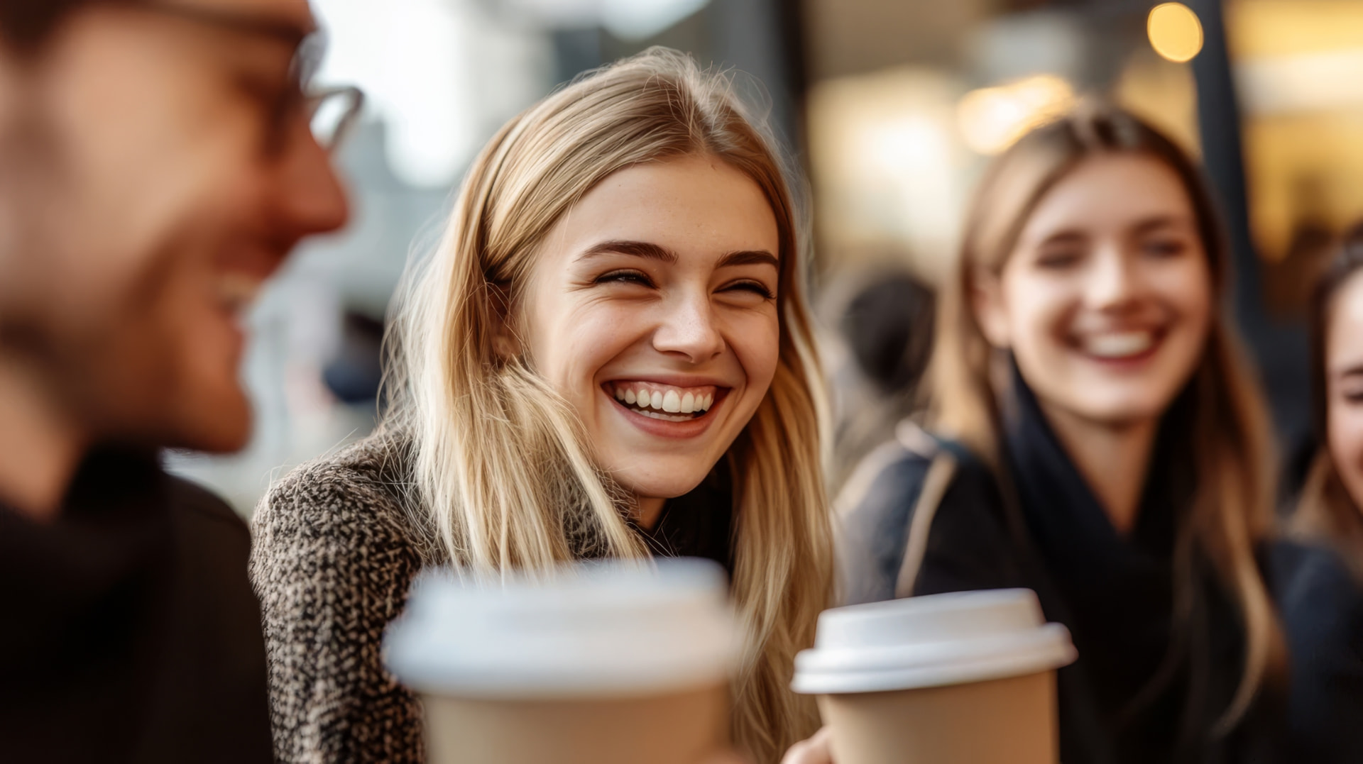 Three friends laughing together outdoors over coffee